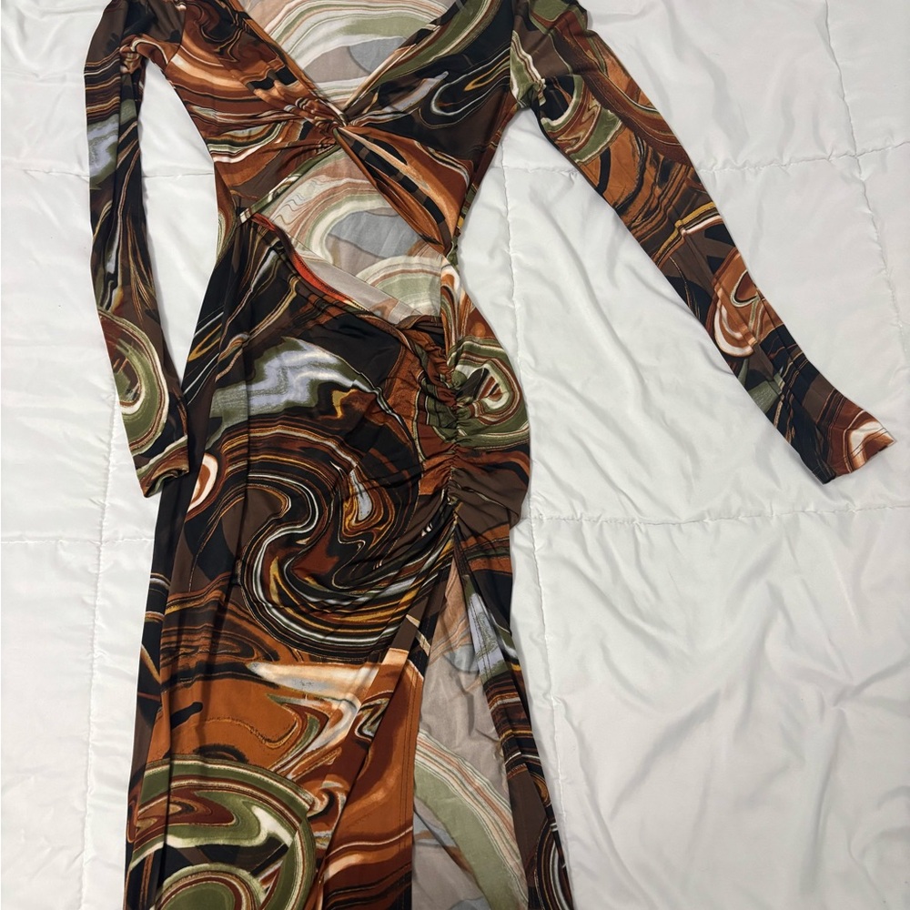 Windsor Swirl Long Sleeve Dress - Brown, Green, Cream